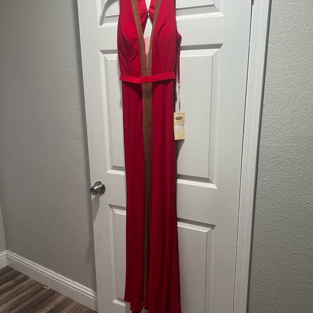 Red Prom Gown with Gold Trim - Sleeveless V-Neck Evening Dress